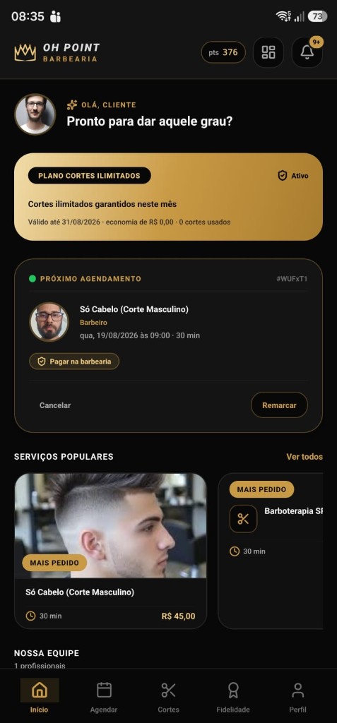 Tela inicial do app: plano ativo, próximo corte e serviços populares